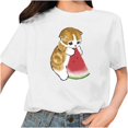 thumbnail image 1 of Camiseta blanca informal con cuello redondo y manga corta con estampado de gato bonito para mujer Pompotops hkajfhjk459178, 1 of 5