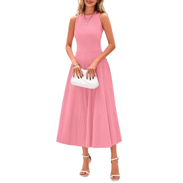 Vestido PRETTYGARDEN 2025 Midi Plisado Sin Mangas Rosa Talla M