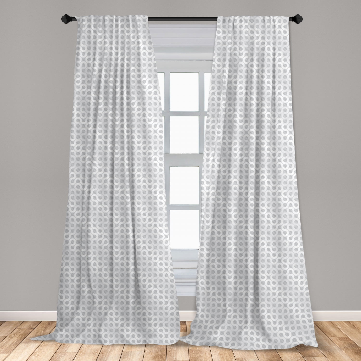 Grey and White Curtains 2 Panels Set, Abstract Circling Wavy Geometric