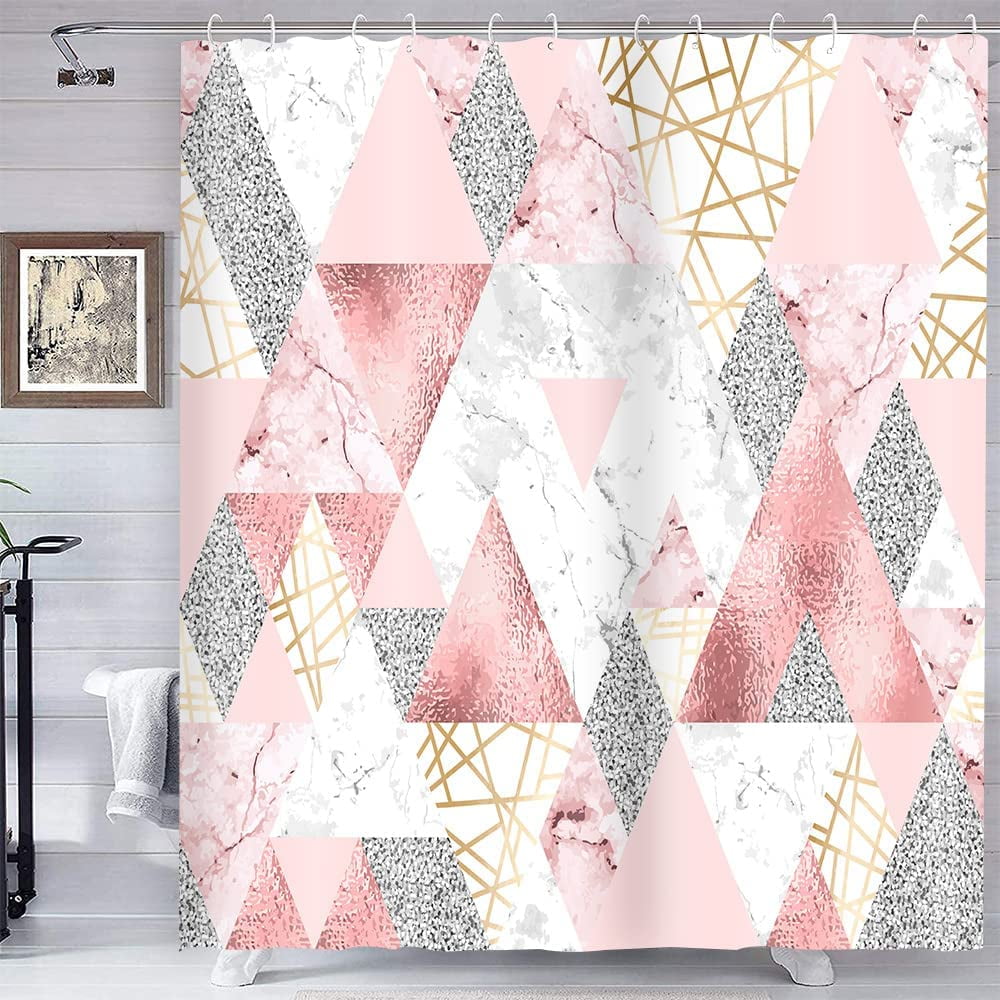 Pink Geometry Marble Shower Curtain,Abstract Gold Silver Shower Curtains Set for Bathroom with