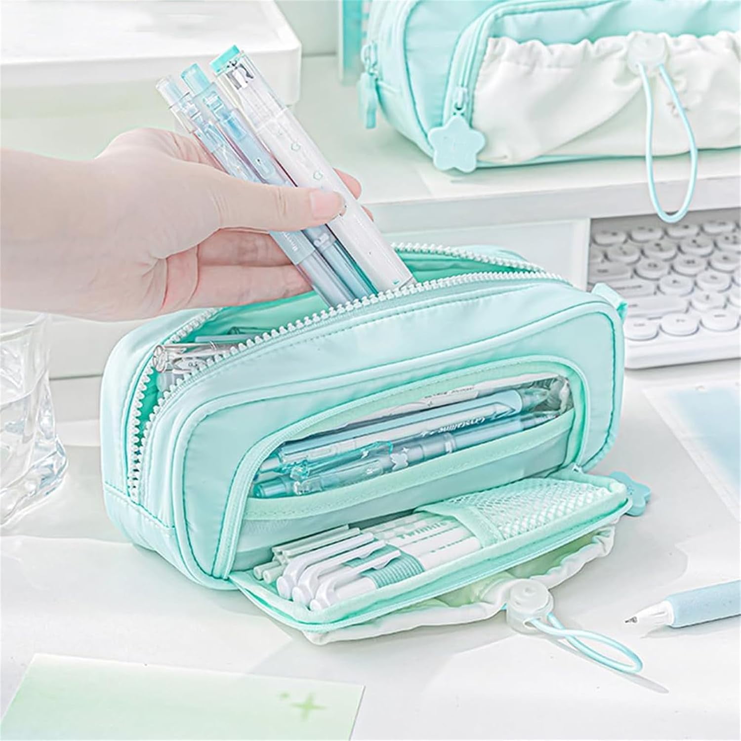 Rosy Posy Pencil Case,Large Capacity Drawstring Multi-Pocket Design, Waterproof, Soft,Simplicity Solid Color Kawaii Pencil Bag High Capacity Stationery Storage Bag Student