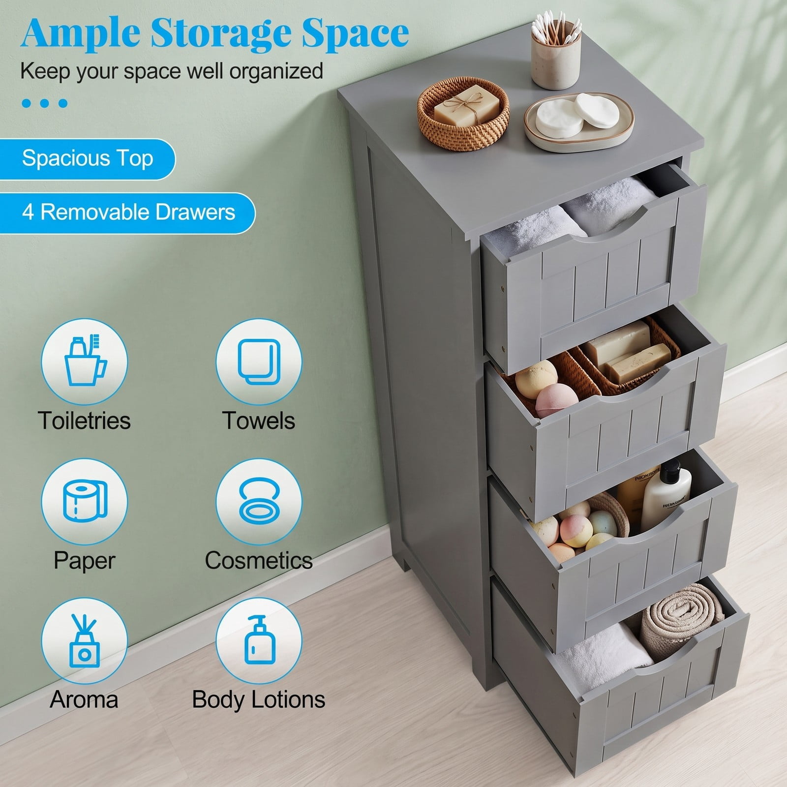 Fenbeli 4-Drawer Bathroom Floor Cabinet, Freestanding Wooden Storage Side Organizer with Anti-Toppling Device, Narrow Waterproof MDF Storage Tower for Bathroom, Gray