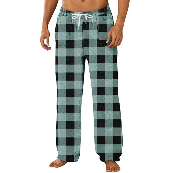 Stamzod Winter Mens Pajama Pants Fashion Plaid Printed Thicked Warm Fleece Lined Pants Men Sleepwear with Pocket Light Blue S
