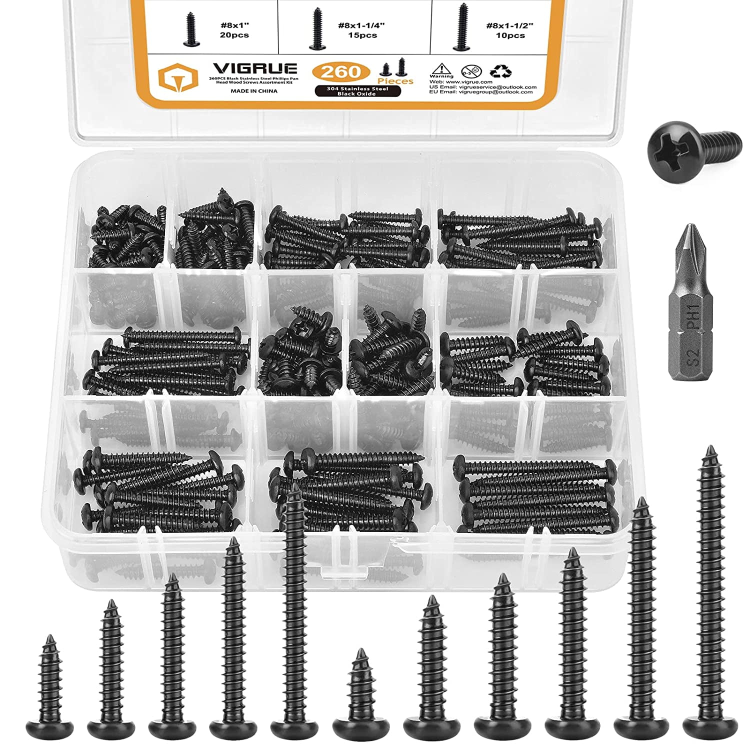 VIGRUE 260PCS 68 Black Wood Screw Assortment Kit, 304 Stainless Steel
