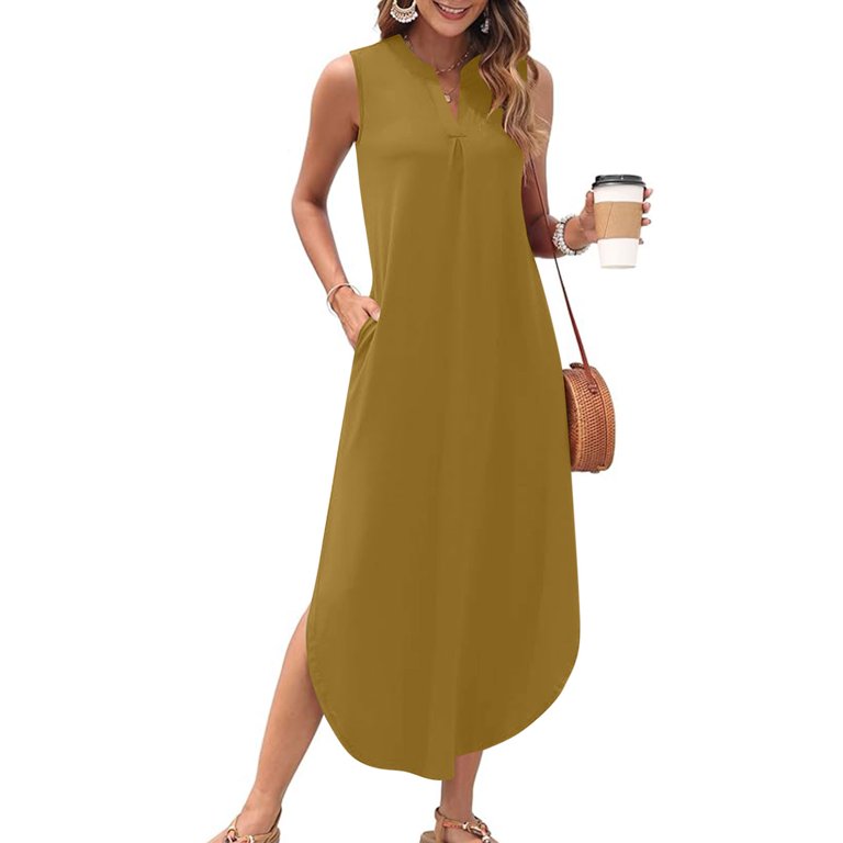 Kmdttou Maxi Dresses for Seniors Women Solid Summer Dress Maxi Casual Loose Beach Sundresses V Neck Sleeveless Dresses With Pockets Beach Sundress Kmdttou Maxi Dresses for Seniors Women Solid Summer Dress Maxi Casual Loose Beach Sundresses V Neck Sleeveless Dresses With Pockets Beach Sundress