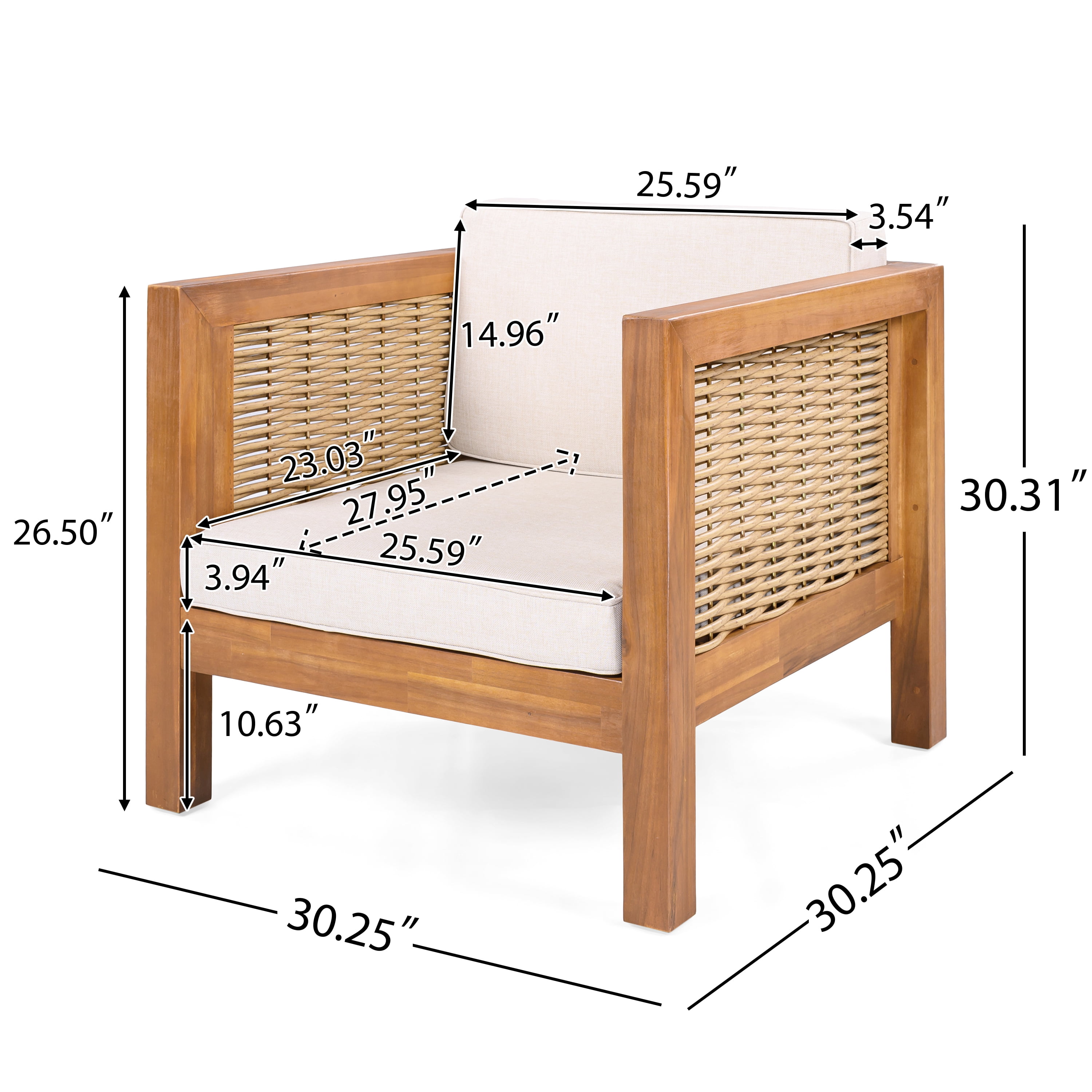 Acacia Wood Outdoor Club Chair with Wicker Armrest and Beige Cushions for Patio Garden Deck, Teak