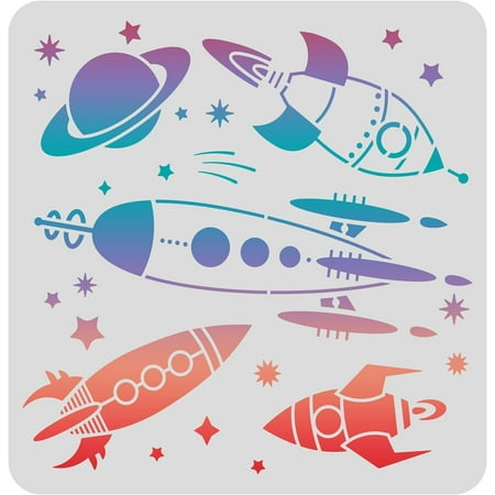 Rocket Drawing Painting Stencil Template 11.8×11.8inch Pattern Plastic Rectangle Reusable for Wood Floor Wall and Fabric Decoration