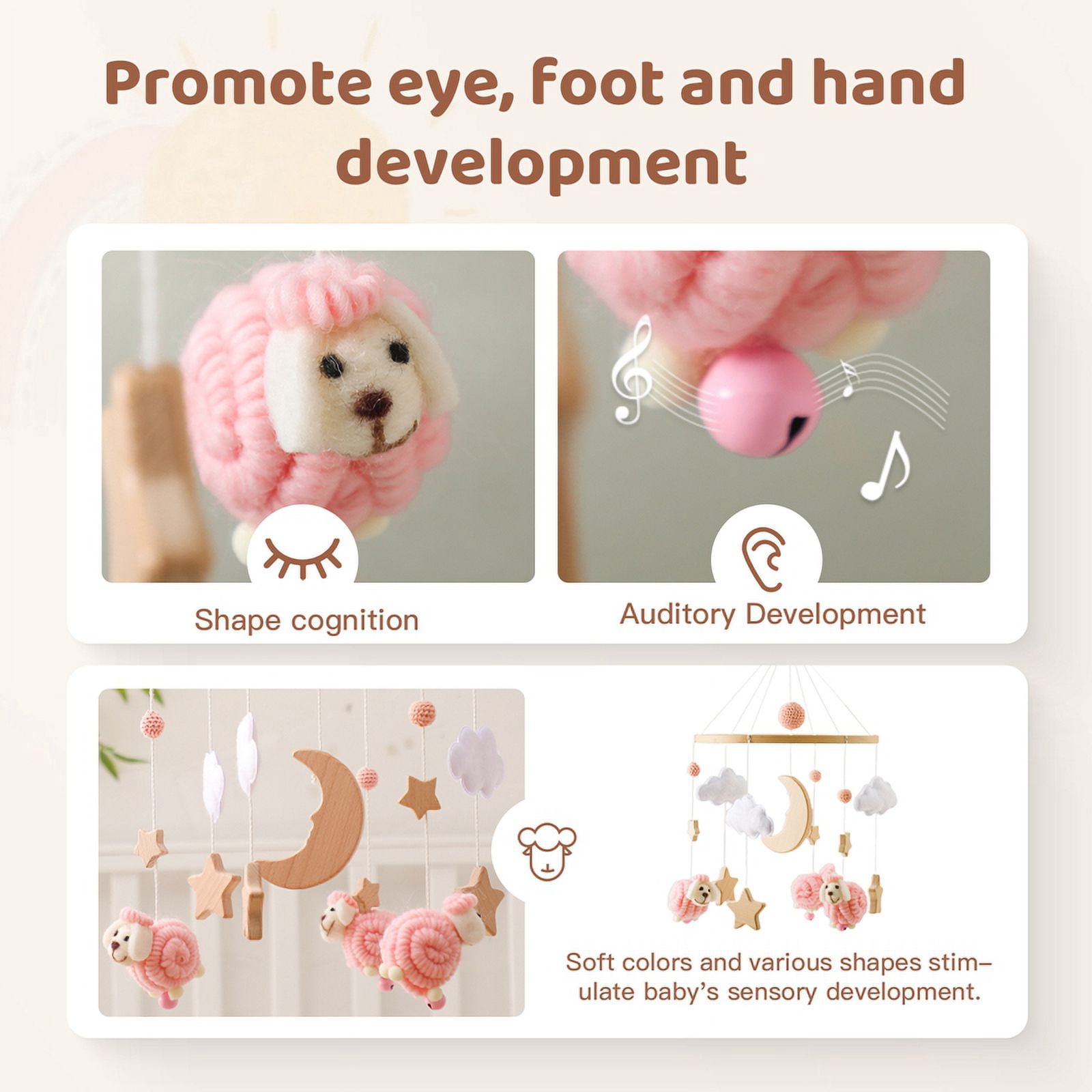 Baby Wooden Bed Bell Sheep Starry Moon Mobile Hanging Rattles Toys Hanger Crib Mobile Bed Bell Toys Holder Arm Bracket Kid Gifts