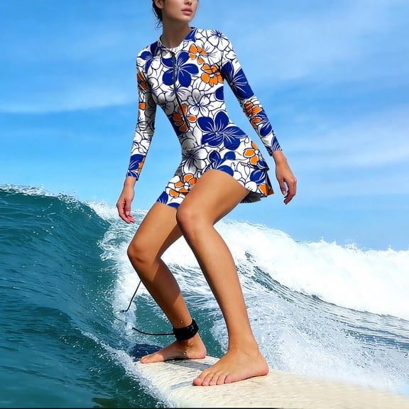 Hfnxid Women's One Piece Skirted Bathing Suit Front Zip Breathable Swimwear Long Sleeve Rash Guard Swimwears UPF 50 Sky Blue S