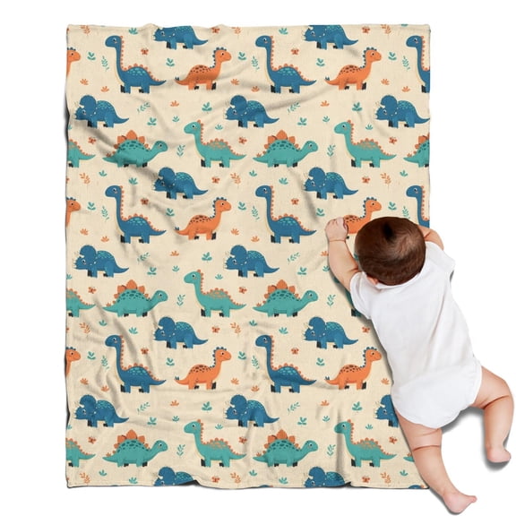 Beige Cartoon Dinosaurs Plants Pattern Blanket,Comfortable Soft Flannel Throw Blanket,All Season,Warm Lightweight Blankets for Sofa Bed Couch Living Room Chair,30"x40"