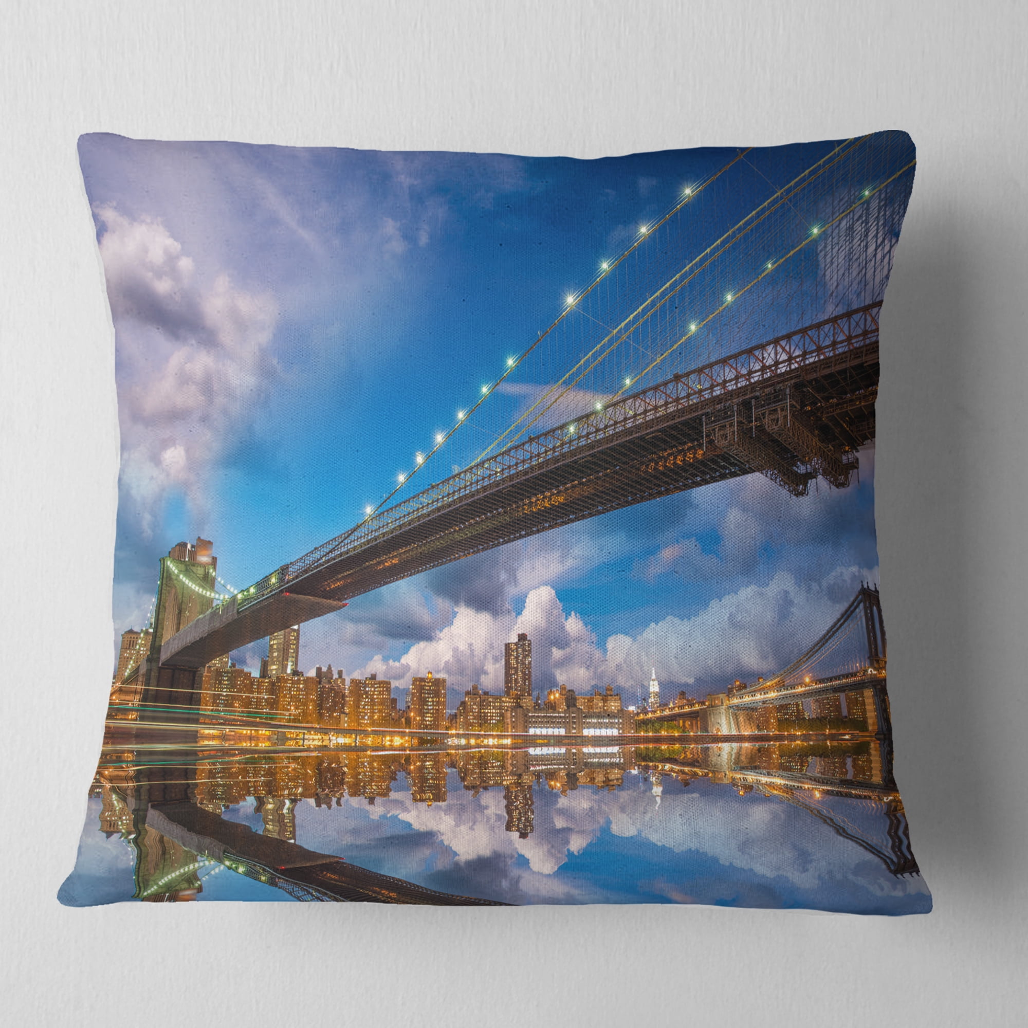 Designart Sunset Over Brooklyn Bridge - Cityscape Photo Throw Pillow - 16x16