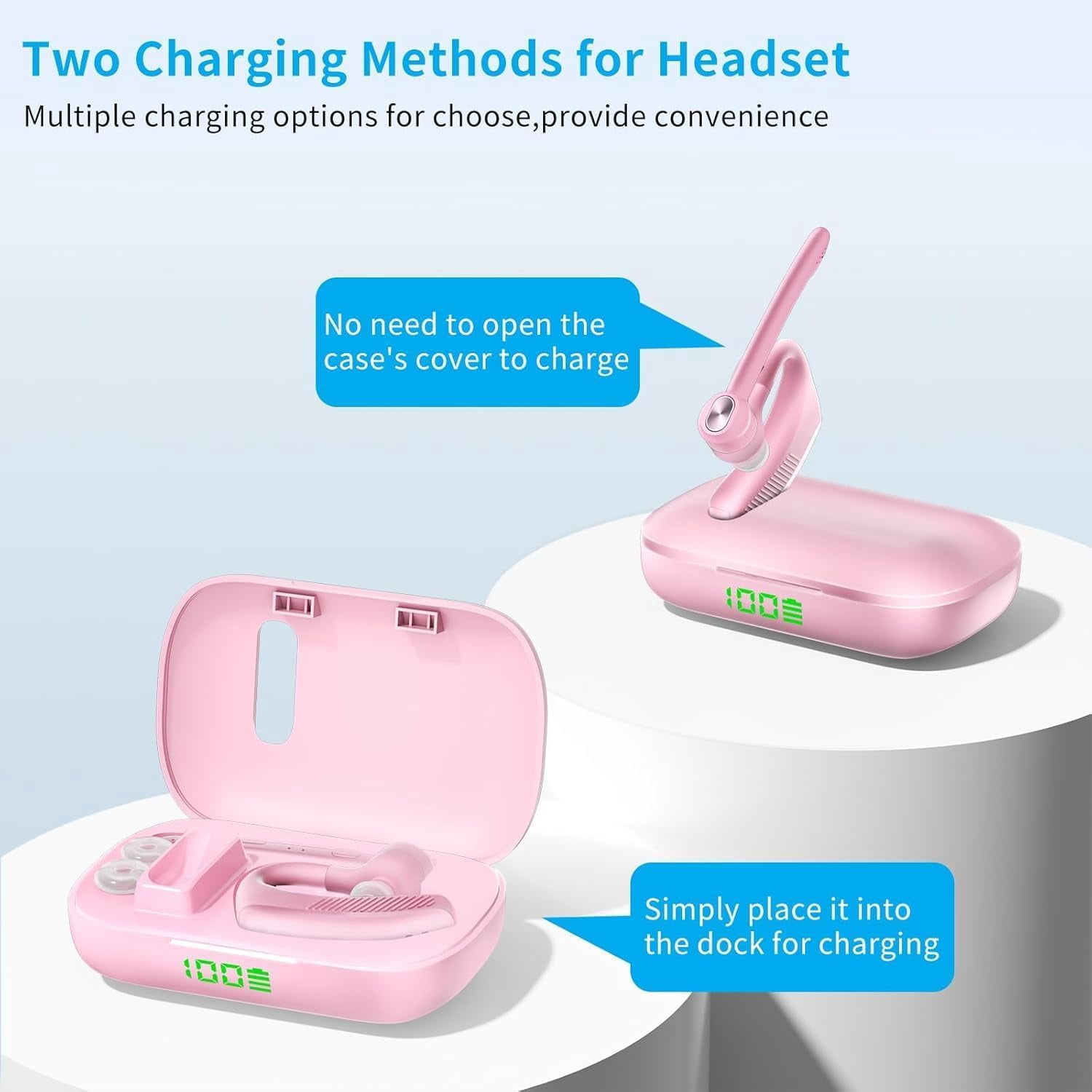 Single Ear Bluetooth Headset, 180H Playtime, 1000mAh Wireless Charging Case, LED Display, Handsfree Mic for Cellphone PC, Trucker Work Game