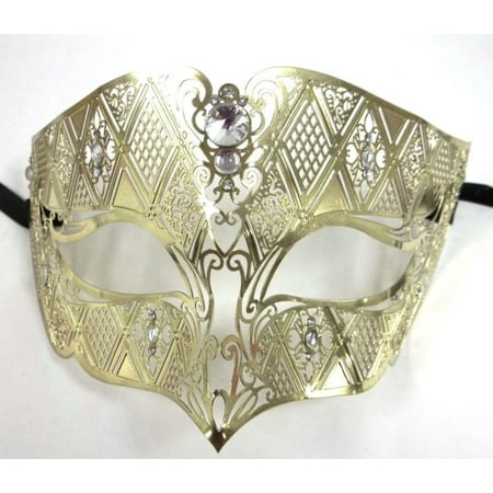 Gold Male Diamond Crystal Laser Cut Venetian Masquerade Metal Filigree Mask Men