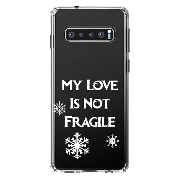 DistinctInk Clear Shockproof Hybrid Case for Samsung Galaxy S10 (6.1" Screen) - TPU Bumper Acrylic Back Tempered Glass Screen Protector - My Love Is Not Fragile - Snow Flakes