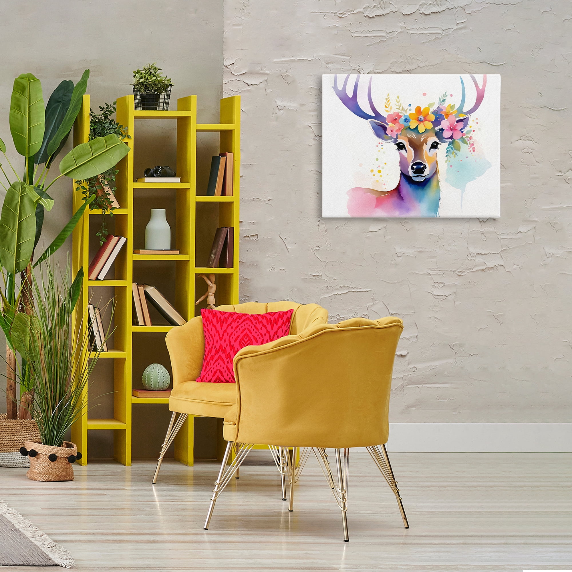 Stupell Industries Floral Garland Deer Animals & Insects Painting Gallery Wrapped Canvas Art Print Wall Art, 30 x 24