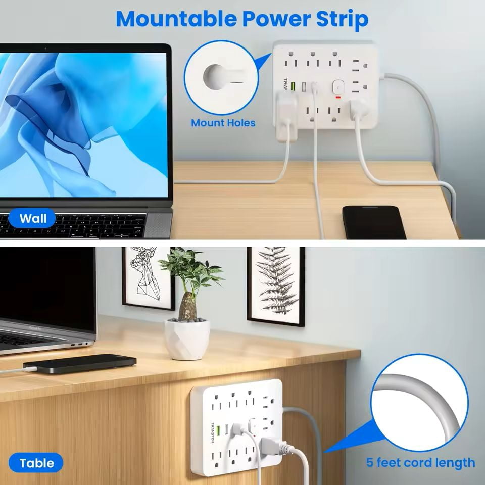 Power Outlet with Surge Protector, 9 sockets 3 USB Ports,5ft Extension Cord, Quick Charge, For Home and Office,White