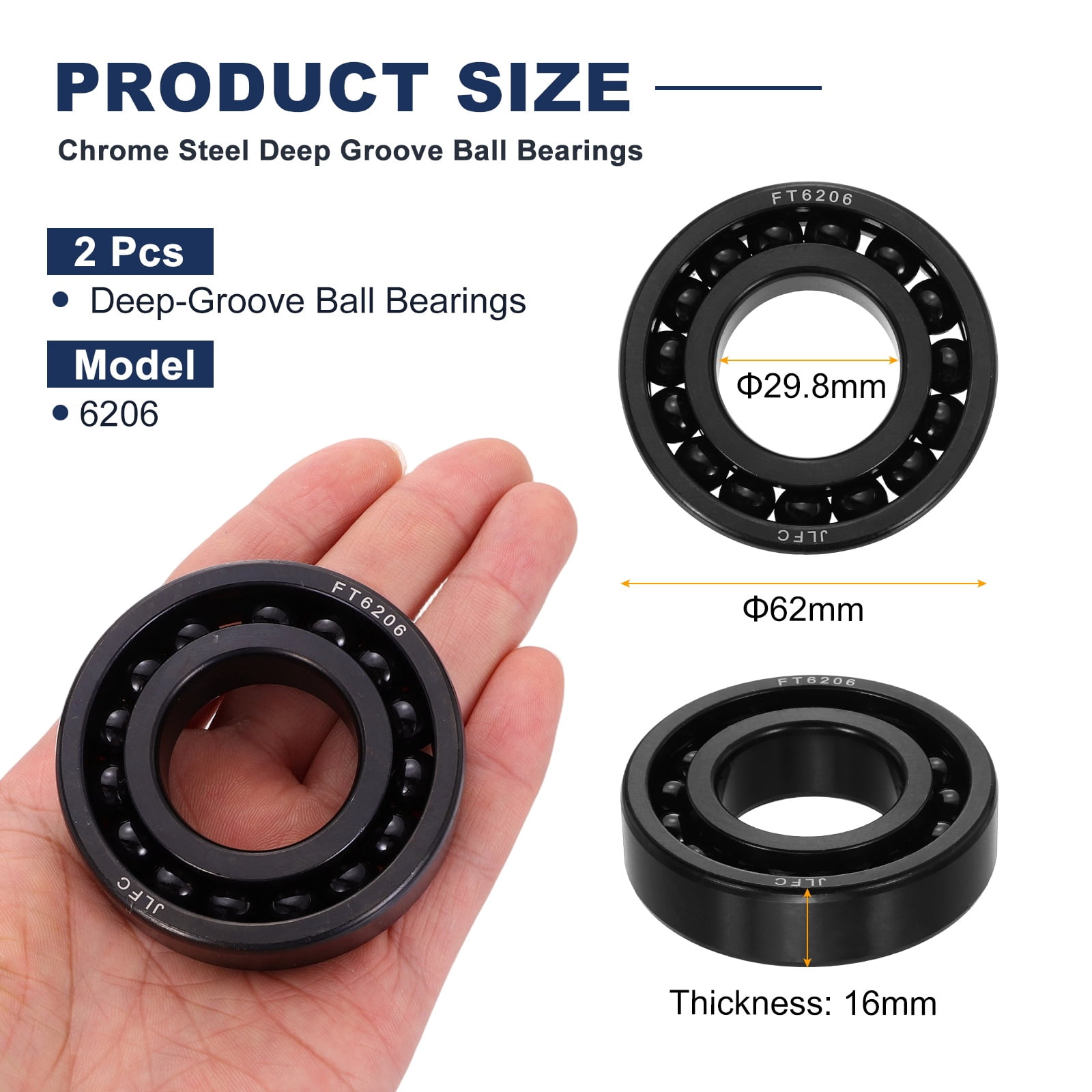 2 Pcs 6206 Deep-Groove Ball Bearings, 29.8x62x16mm Double Metal Shields Precision High-Temperature-Resistant Chrome Steel Bearings for Rolling Mills Ovens Gearboxes
