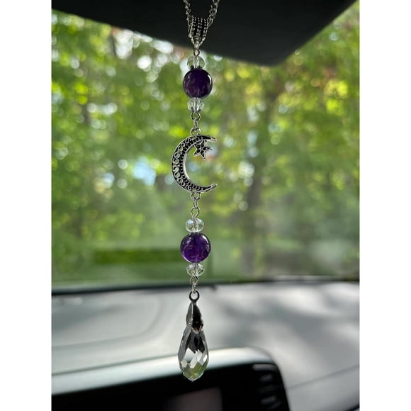 Luna y estrella Accesorios de espejo retrovisor, cristal de piedra amatista Bead Decoración de automóviles Boho Witchy Suncatcher Healing Car Charm Ornamentos colgantes para mujeres hombres