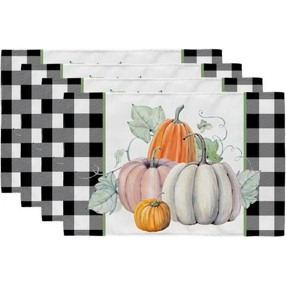 Fall Placemats 12x18 Inch Set of 4, Buffalo Plaid Check Pumpkins Leaves Decroative Table Decor Farmhouse Indoor Outdoor Decoration for Home Kitchen Dining Dinner Party GP097-18