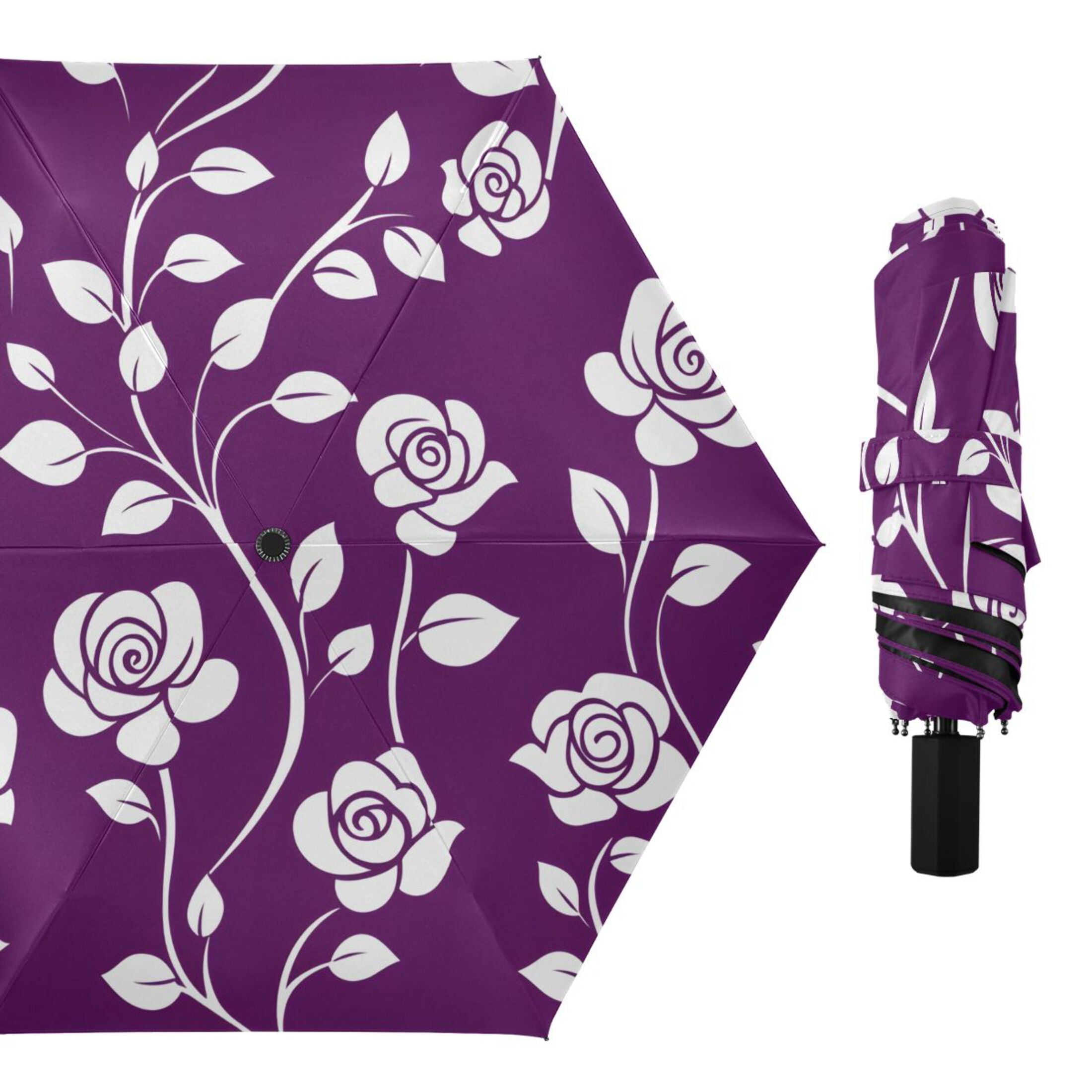 ALAZA Rose Flower Leaves UPF 50+ Compact Folding Umbrella for Rain Travel Umbrella Packable