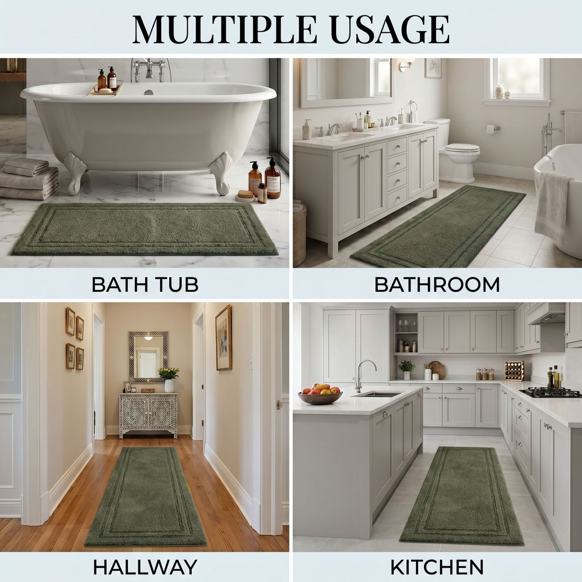 Superior Solid Bordered Cotton Washable Non-Slip Bath Rug, Runner Size, Forest Green
