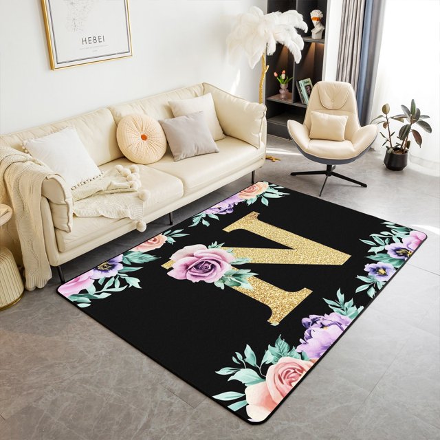 Erosebridal Initial Letter N Rugs For Bedroom 4'11" x 3'3", Gold Living Room Carpet, Kawaii Floral Bedroom Rugs, Living Room Rug Room Decoration, Non Slip
