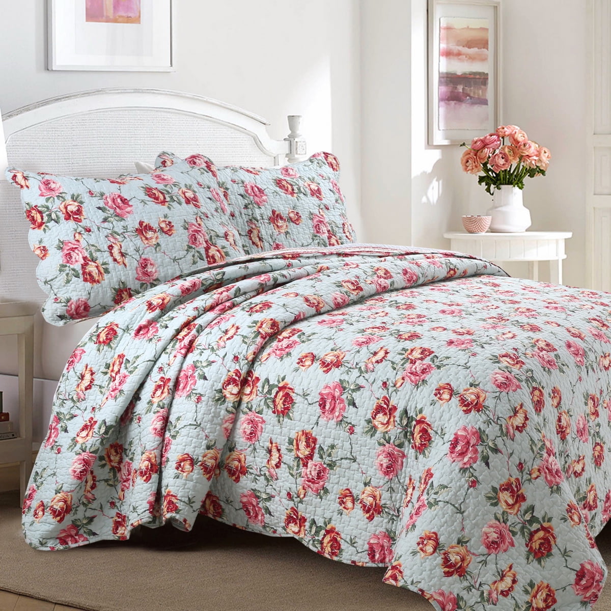 Queen S Rose Garden 100 Hypoallergenic Cotton 3 Piece Fl Quilt Queen S Rose Garden 100 Hypoallergenic Cotton 3 Piece Fl Quilt Set Bedroom Bedding Size Turq Red Com