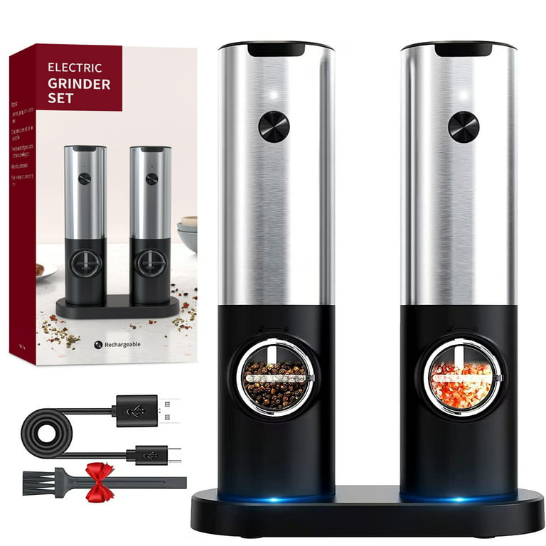  HOMCYTOP Electric Salt and Pepper Grinder Set W/USB  Rechargeable Base, No Battery Needed, One Handed Operation, Automatic  Powered Spice Mill Shakers Refillable, Adjustable Coarseness, LED Light:  Home & Kitchen