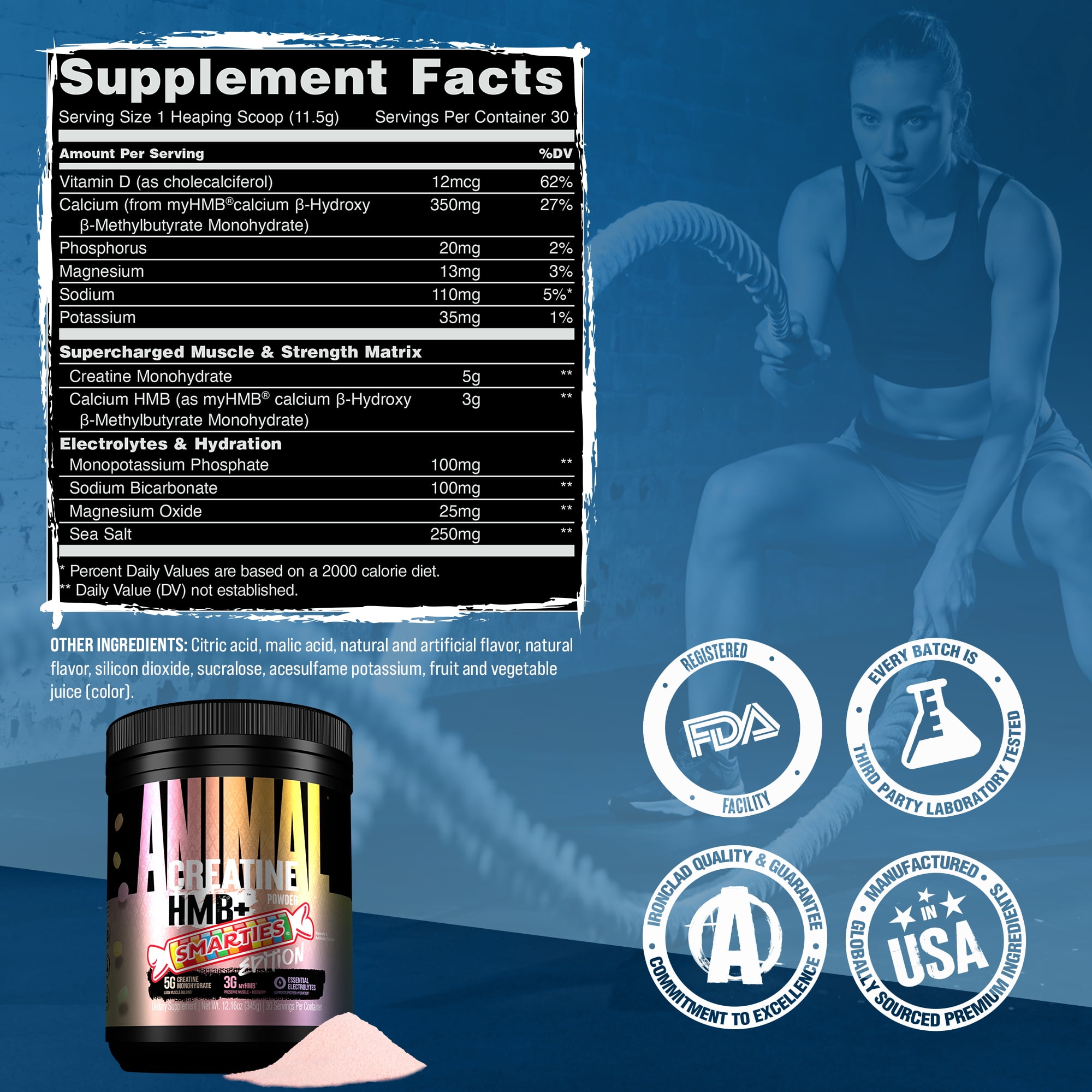 Animal Creatine HMB Powder – 5g Creatine + 3g myHMB with Electrolytes for Lean Muscle, Recovery & Daily Energy – Smarties Flavor, 30 Servings