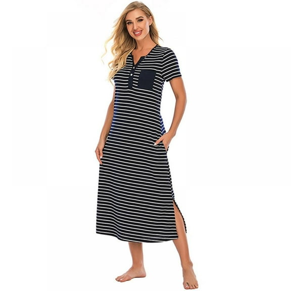 Womens Nightgown Striped Nightshirt Short Sleeve Sleepwear Button Down Sleepshirt Pocket Nightdress