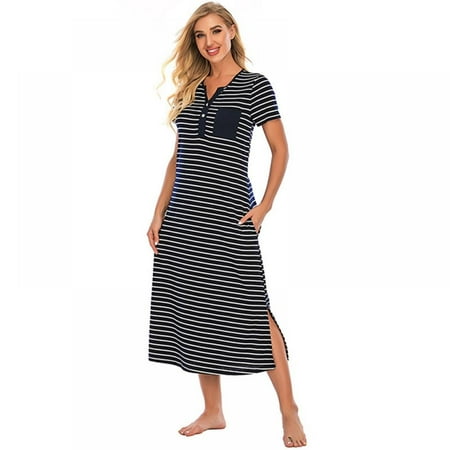 

Sunsent Womens Short Sleeve Sleepwear Nightgown Striped Nightshirt Button Down Sleepshirt Pocket Nightdress