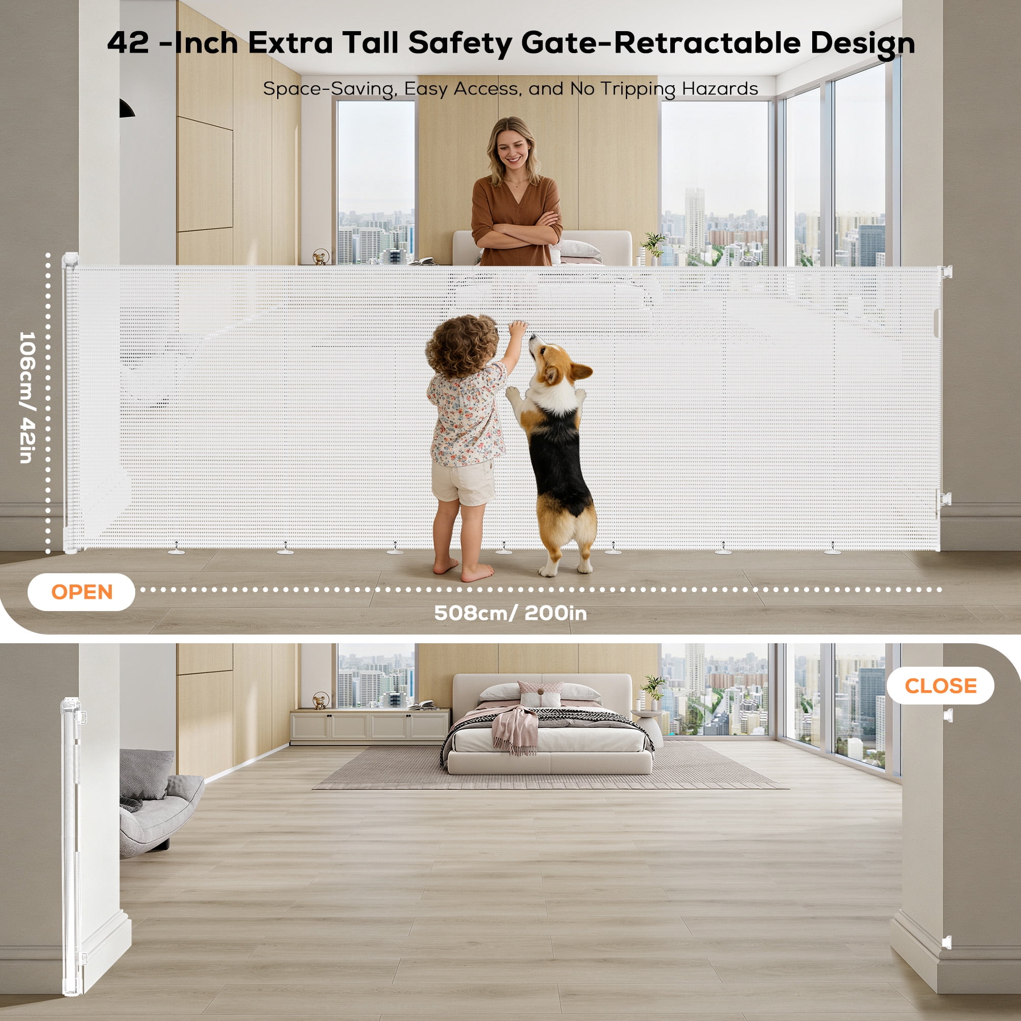 TULILLO Retractable Baby Gate 200" Extra Wide, 42in Tall, Double Lock, Retractable Dog Gate for Doorways Stairs Hallways Indoor and Outdoor, White