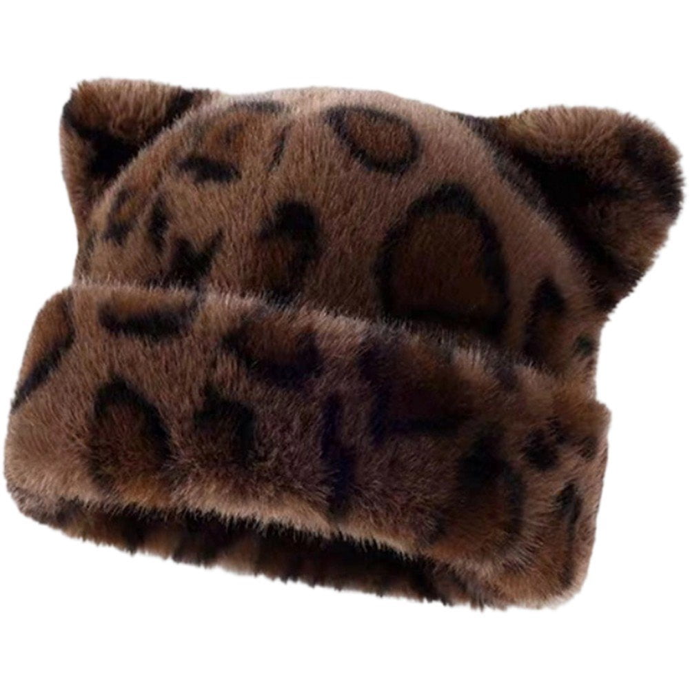 Faux Fur Cat Ear Beanie Hat Leopard Print Fluffy Winter Warm Handmade Leopard Print Faux Fur Cat Ear Hat – Y2K Winter  main image 4