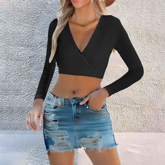TODOZO Crop Tops for Women Trendy Summer Slim Fitted Summer Tops for Women 2025 Deep V Short Sleeved T Shirt Pure Seductive Style Casual Women's Wear Black L