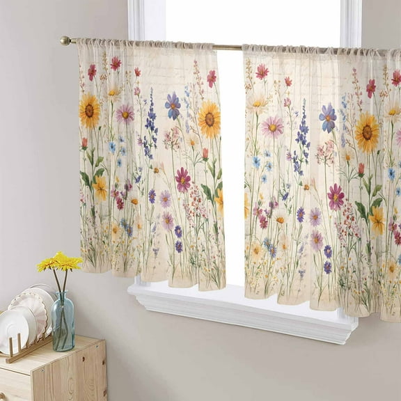 Botanical Floral Semi Sheer Curtains 45 Inch Length 2 Panels Set, Retro Purple Pink Yellow Wildflowers Sheer Kitchen Curtain Privacy Voile Window Curtain for Living Room Bedroom Rod Pocket Drapes