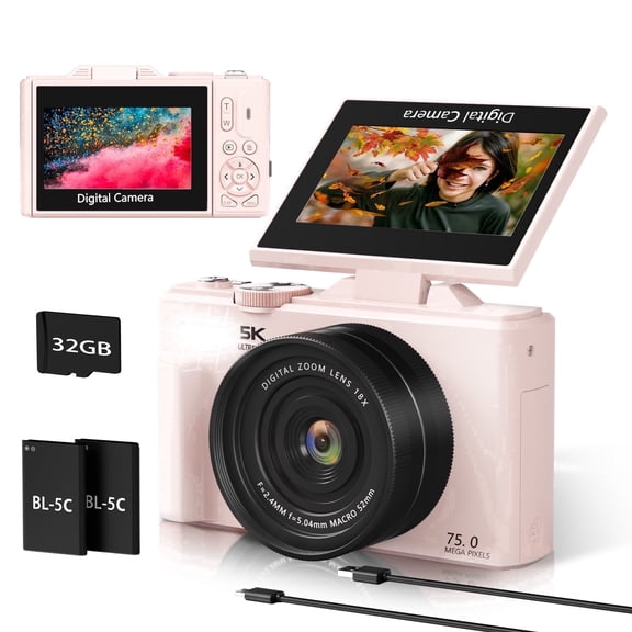 XLURC 5K Digital Camera 75MP WiFi Autofocus Vlogging Camera for Youtube 3" 180° Flip Screen 18X Zoom Travel Cameras for Beginner & Teen with 32GB Card (Pink)