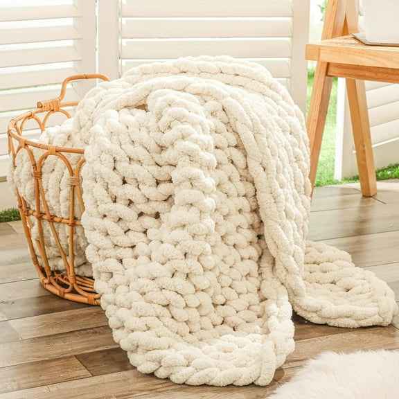 Chunky Knit Throw Blanket for Couch, 40x60 inches, 100% Hand Knitted with Thick Jumbo Chenille Yarn, Cozy Soft Large Rope Knot Cable Crochet Blankets for Sofa Bed Living Room, Beige