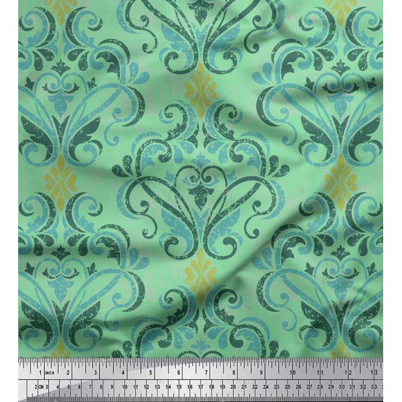 Soimoi Green Cotton Duck Fabric Vector Design Damask Fabric Prints By Yard 56 Inch Wide