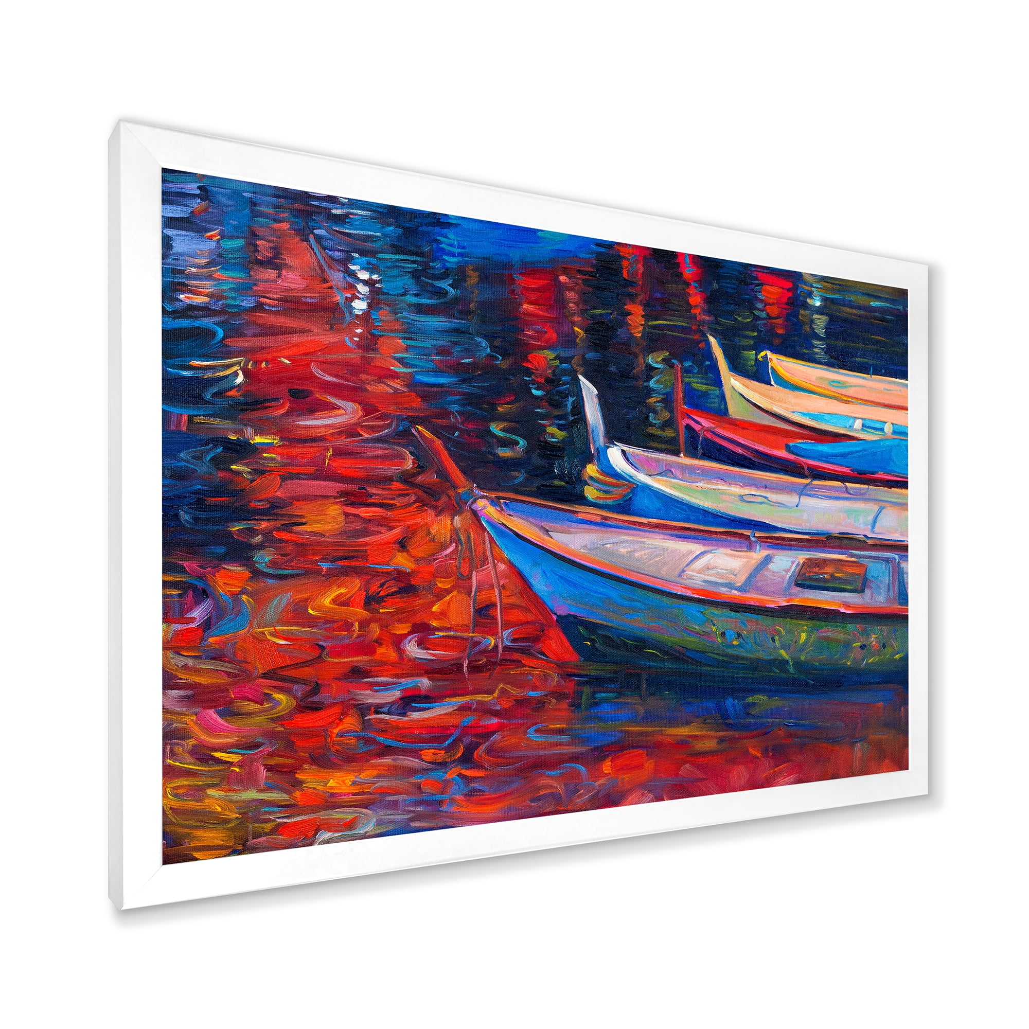 Boats During Warm Sunset Resting On The Water IX 32 in x 16 in Framed Painting Canvas Art Print, by Designart