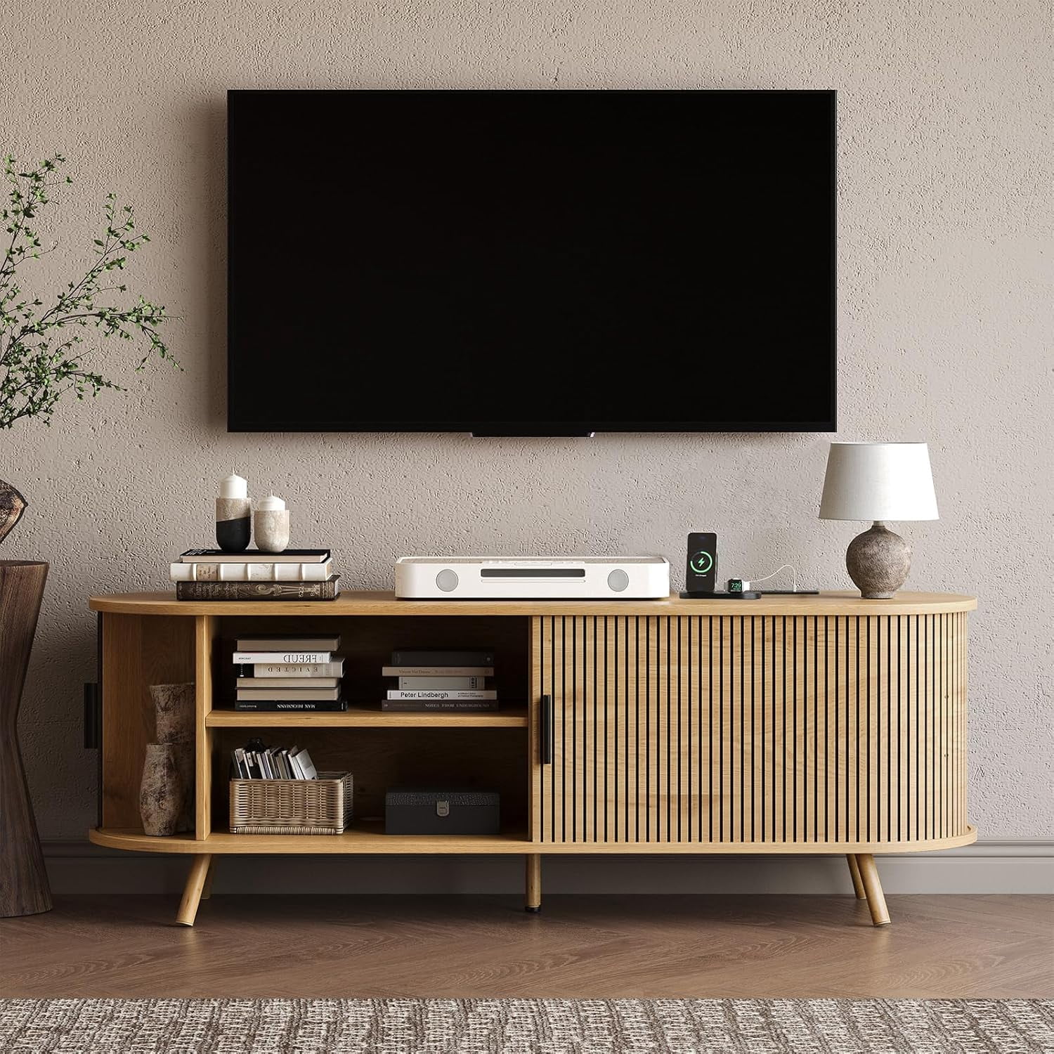 55" TV Stand with Power Outlet, Modern Media Console with Sliding Doors, Entertainment Center for TVs up to 60 Inch, Adjustable Shelves, Nature Oak