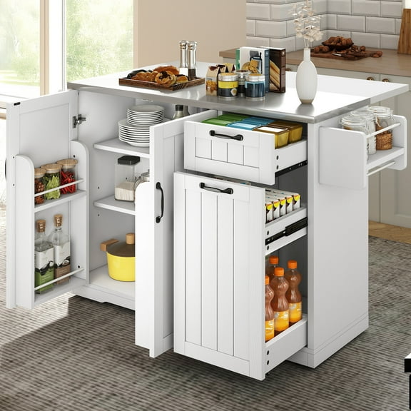 Craftian Kitchen Island Table with Stainless Steel top & Storage, Kitchen Island with Drop Leaf, White