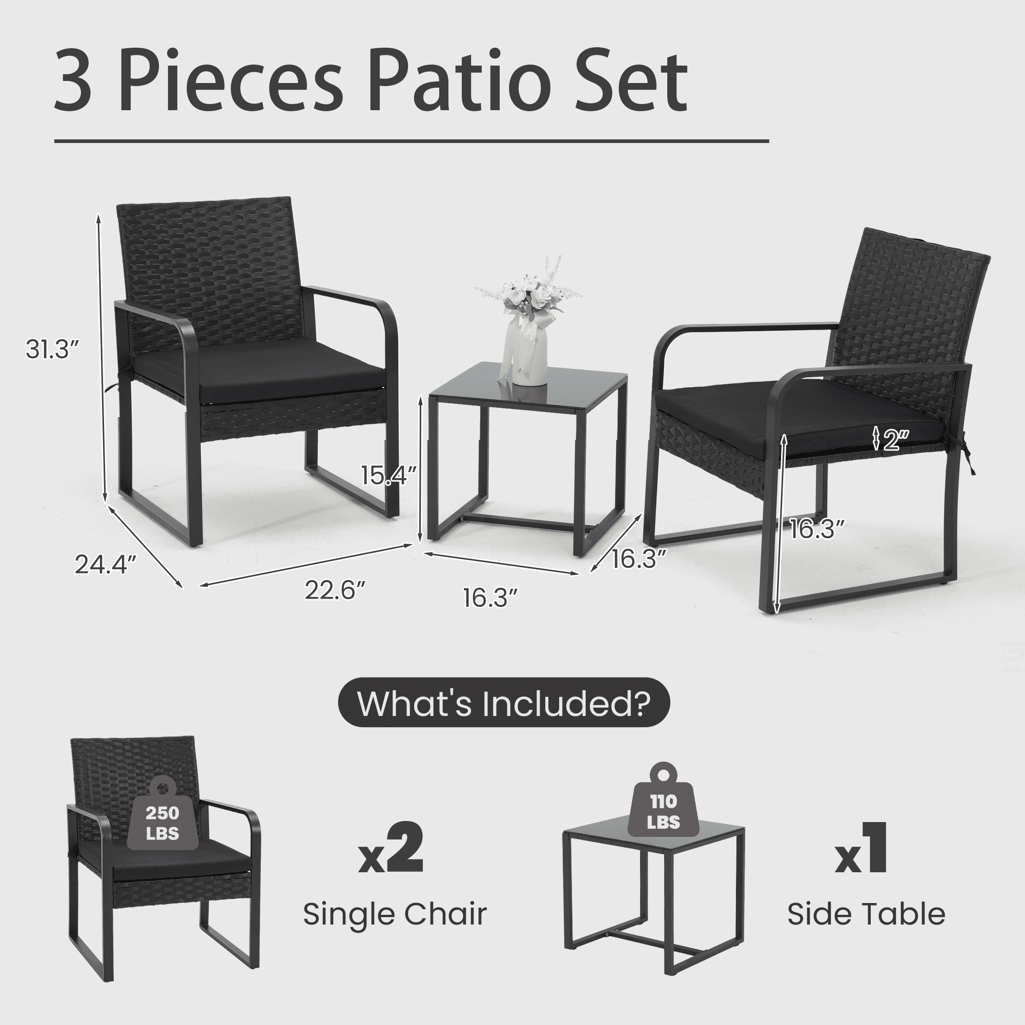 Bezseller 3-Piece Patio Bistro Set, Outdoor Rattan Furniture Set, Black (Round Arm)