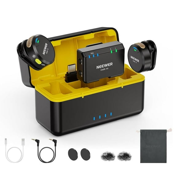 NEEWER CM29 Mini Wireless Microphone, 48KHz/24Bit Noise Cancelling Clip On Lav Mic (1RX+2TX+Charging Case)