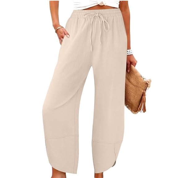 ClodeEU Women's Elastic Waist Harem Capri Pants,Casual Loose Linen Baggy Cropped Trousers with Pockets Beige,Women's Plus L