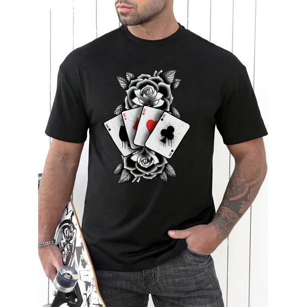 Men's Poker Cards Graphic Print T-shirt For Summer, Outdoor Sports Short Sleeve Tees For Males, Casual Sporty Tee, Summer Gifts