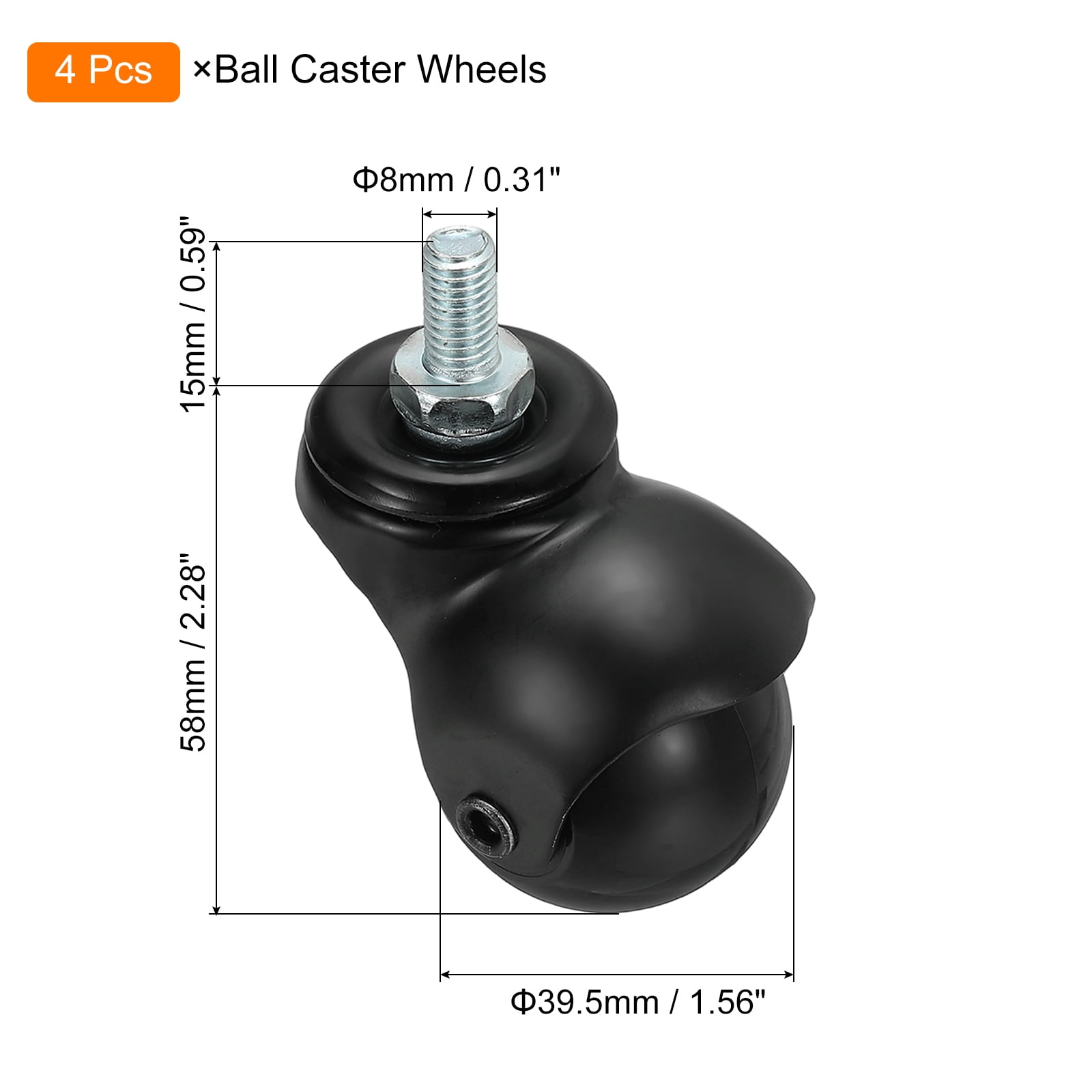 Uxcell 1.5" Ball Caster Wheels, 4 Pcs Threaded Stem Caster 360 Degree Movable Rotatable Caster Wheels for Furniture,Electrophoretic Black