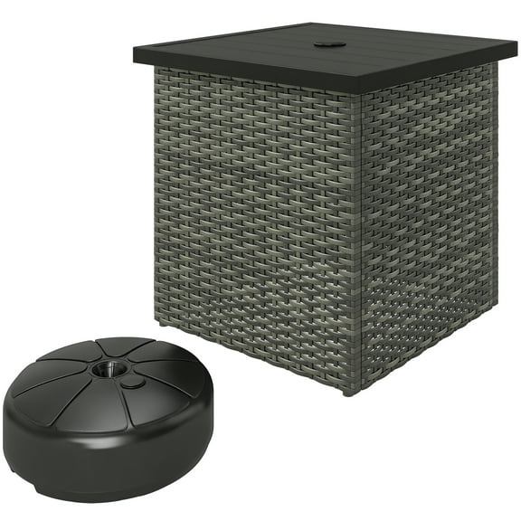 KWUXIN All Weather Wicker Side Table with 1.5" Umbrella Hole, Square PE Rattan Outdoor End Table with Umbrella Base, UV-Resistant Frame, Storage Space for Patio, Garden, Poolside, Deck,Mixed-Gray