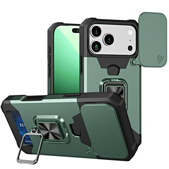 Allytechgroup Rugged Case for iPhone 17 Pro Max, Sliding Camera Lens Protector [Cards Slot] Kickstand Shockproof Bumper Compatible with Car Mount Magnetic Back Cover for Women Men, Darkgreen