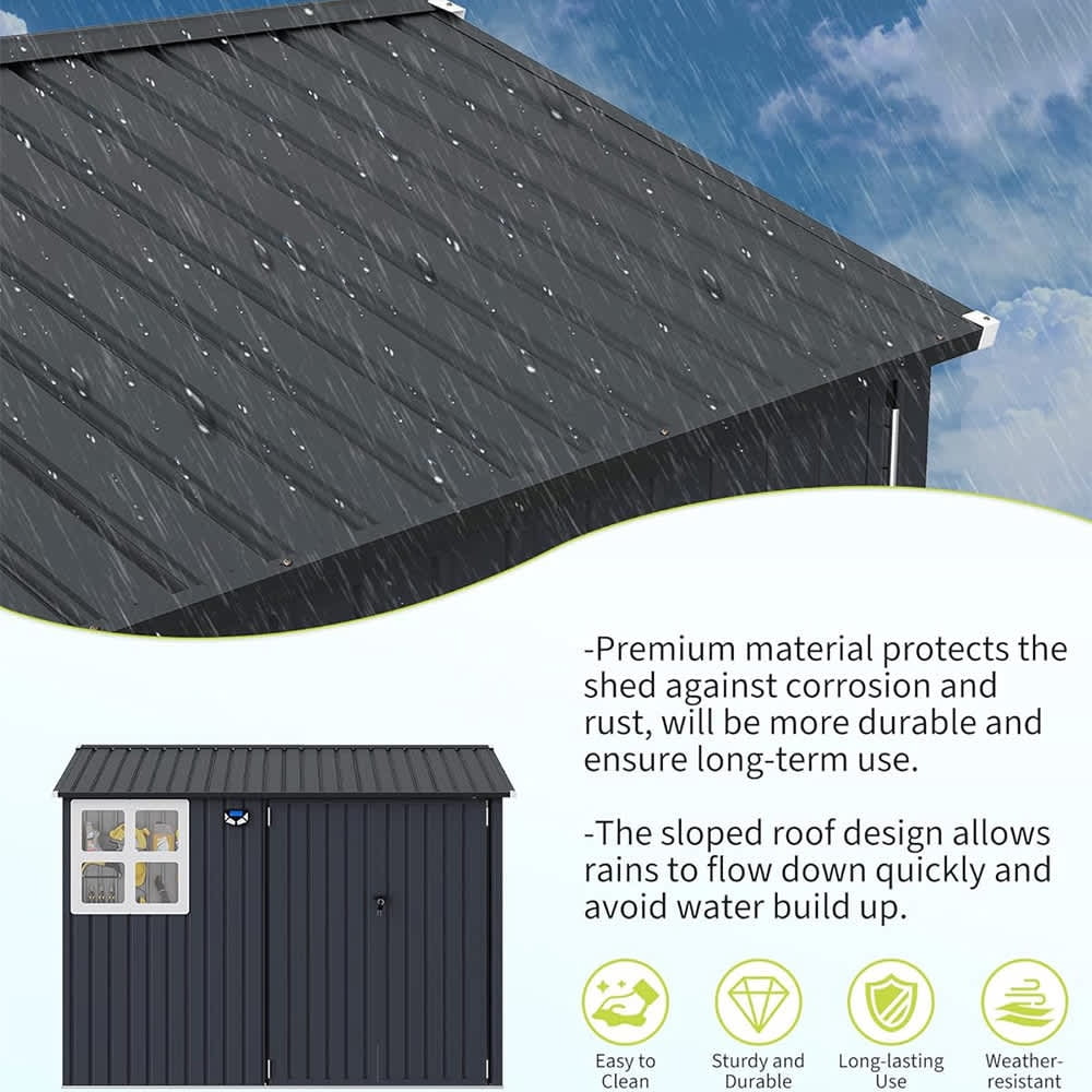 EastVita 8 x 6 ft Outdoor Metal Storage Shed with Windows and Lockable Doors Heavy-Duty Garden Tool Shed Dark Gray