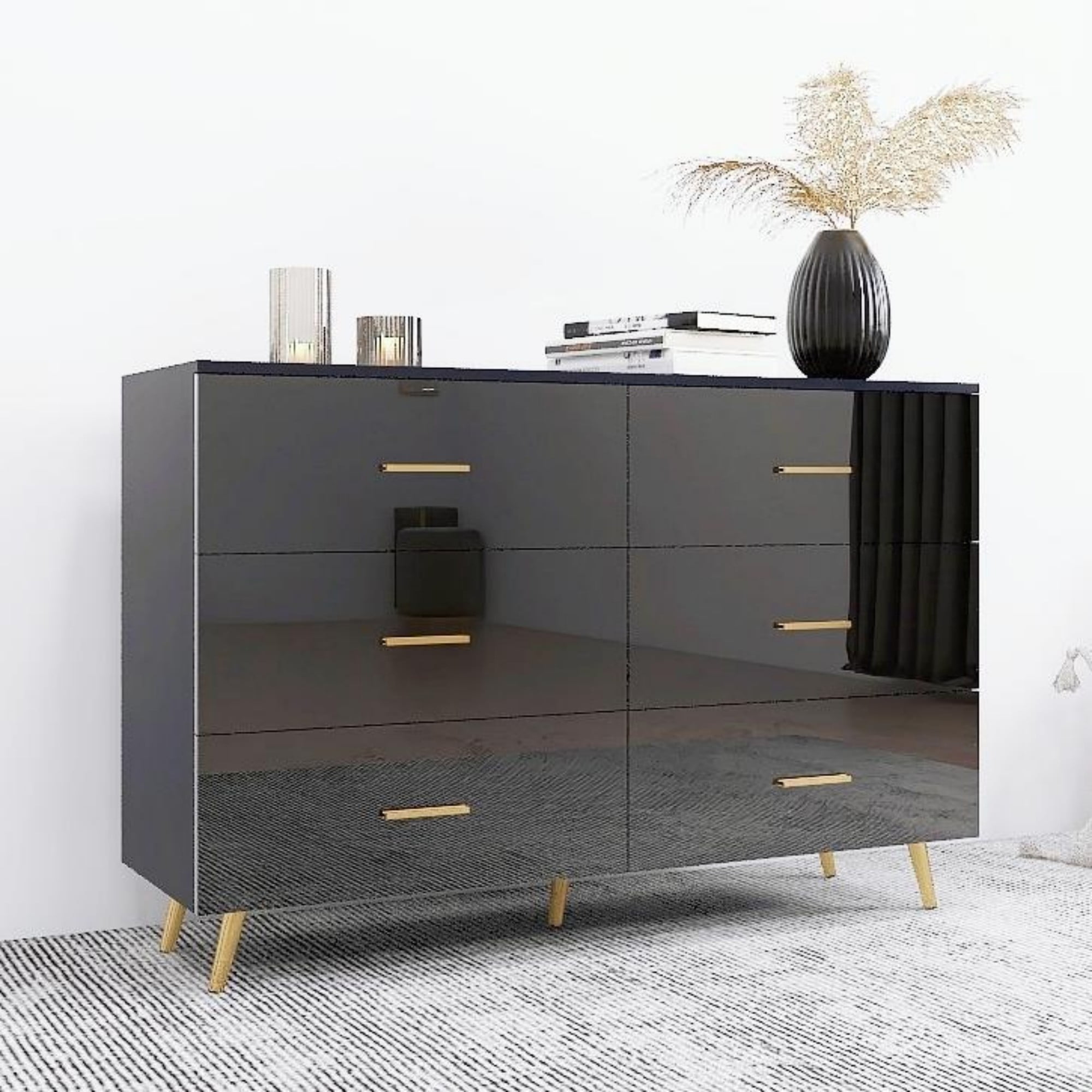 Jopath 6-Drawers Dresser for Bedroom,Modern High Glossy Surface Chest of Drawer with Golden Steel Legs,Wood Storage Organizer for Living Room,Black02